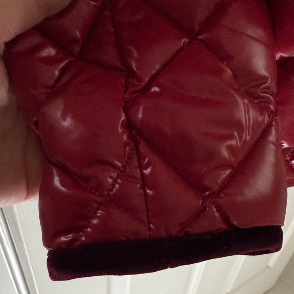 Moncler Quilted Red Hooded Goose Down Jacket w/Burgundy Velvet Accents & Trim - Picture 7 of 13